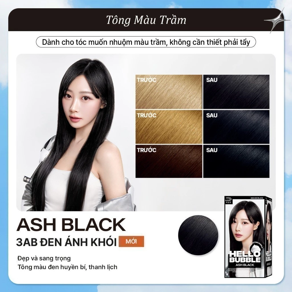 3AB Đen Ánh Khói - Nhuộm tóc mise en scène Hello Bubble 100g công thức cải tiến, dạng bọt bền và lâu tan, tông màu