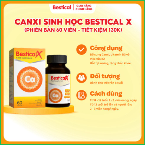 Canxi BesticalX Hộp 60 viên - Canxi sinh học dạng viên, hỗ trợ xương chắc khỏe