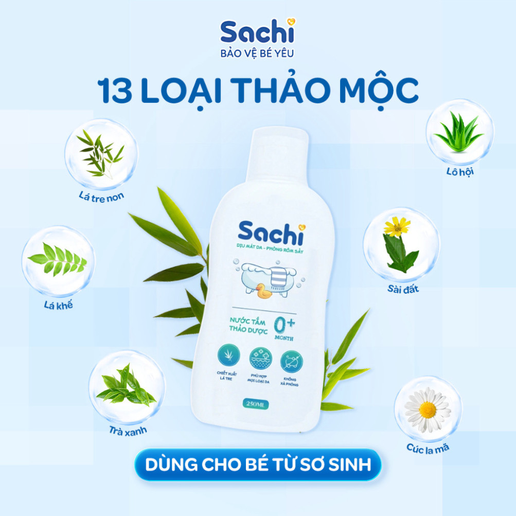 Nước Tắm Thảo Dược SACHI Ngừa Rôm Sảy, Làm Ấm Hỗ Trợ Ngăn Cảm Cúm, Cảm Lạnh Cho Bé Lọ 250ml