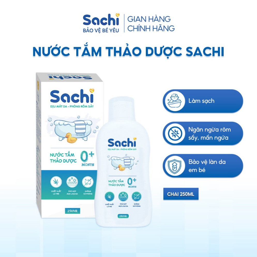 Nước Tắm Thảo Dược SACHI Ngừa Rôm Sảy, Làm Ấm Hỗ Trợ Ngăn Cảm Cúm, Cảm Lạnh Cho Bé Lọ 250ml