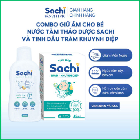 Combo Tắm Bé Sachi Êm Dịu Sạch Thơm - Nước Tắm Thảo Dược SACHI Chai 250ml + Tinh Dầu Tràm Khuynh Diệp Sachi 30ml