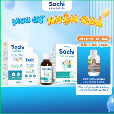 Combo Tắm Bé Sachi Êm Dịu Sạch Thơm - Nước Tắm Thảo Dược SACHI Chai 250ml + Tinh Dầu Tràm Khuynh Diệp Sachi 30ml