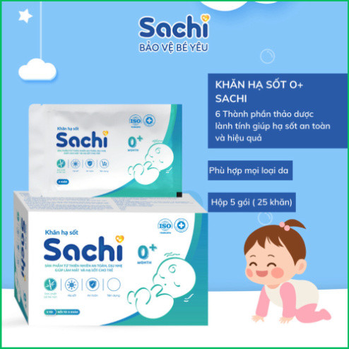 Khăn Lau Hạ Sốt 0+ SACHI Giúp Hạ Nhiệt, Giảm Sốt, Ngăn Ngừa Co Giật Cho Trẻ Sơ Sinh Và Trẻ Nhỏ, Hộp 25 khăn