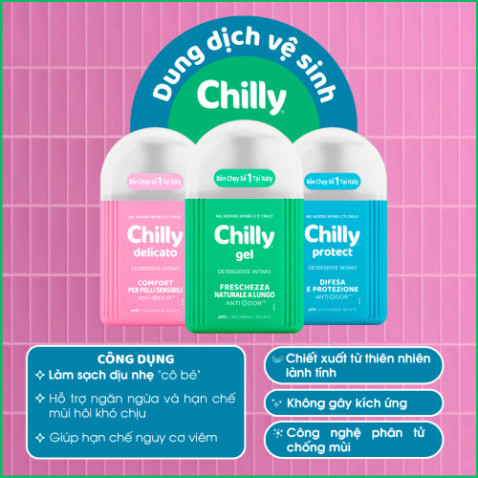 Dung dịch vệ sinh phụ nữ Chilly làm sạch diu nhẹ, chiết xuất bạc hà ngừa vi khuẩn, ngăn mùi hiệu quả 200ml
