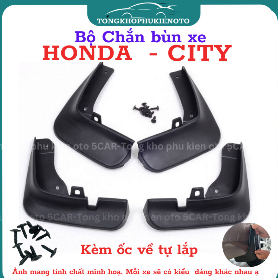Bộ 4 Chắn Bùn Cho Xe Honda City 2015 - Nay chất liệu nhựa dẻo đàn hồi, Kèm ốc vít- Tự lắp đặt dễ dàng (Dùng cho SEDAN)