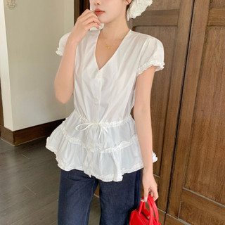Áo babydoll dáng dài layer Forgirl áo babydoll kiểu sơ mi cổ V tay phồng rút eo dáng xoè T194