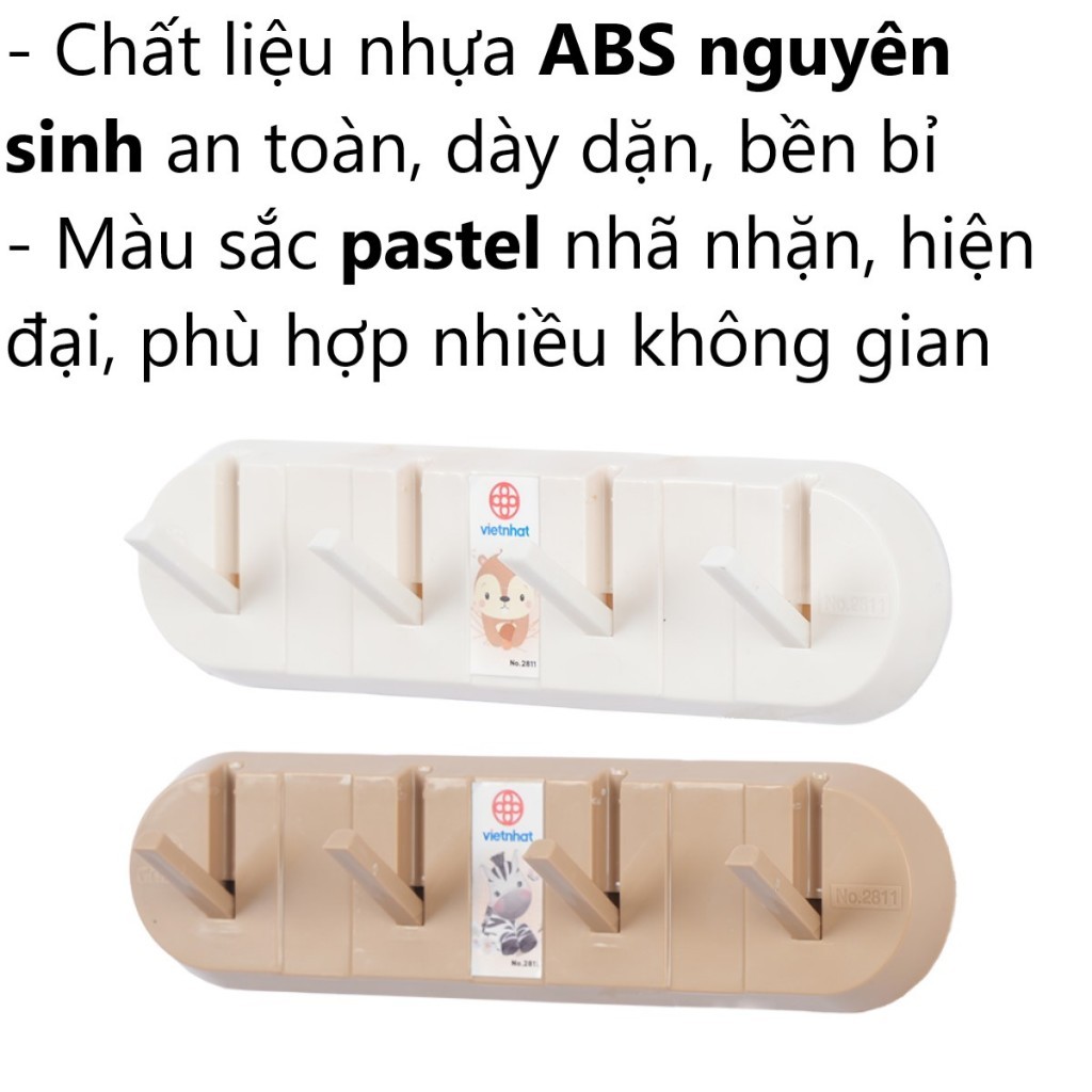 Thanh dán tường 4 móc gập gọn nhựa VIỆT NHẬT - Treo đồ, quần áo, chịu lực, siêu dính - 2811 AMIZIN