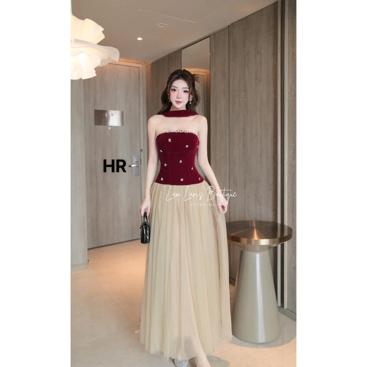 Váy đỏ đính đá cao cấp váy dáng dài váy cúp ngực hàng loại 1 chất đẹp shop HUY HÍP