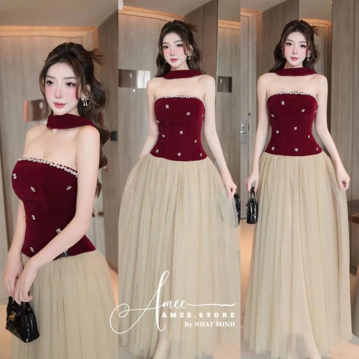 Váy đỏ đính đá cao cấp váy dáng dài váy cúp ngực hàng loại 1 chất đẹp shop HUY HÍP