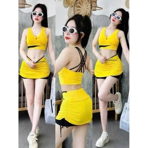 Bộ tập thể thao nữ dùng cho yoga, aerobic, gym,..áo bra dây,chân váy rút phối cạp,TẶNG MÚT (LT-001)