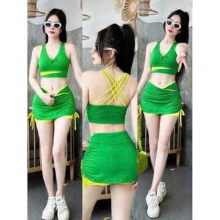 Bộ tập thể thao nữ dùng cho yoga, aerobic, gym,..áo bra dây,chân váy rút phối cạp,TẶNG MÚT (LT-001)