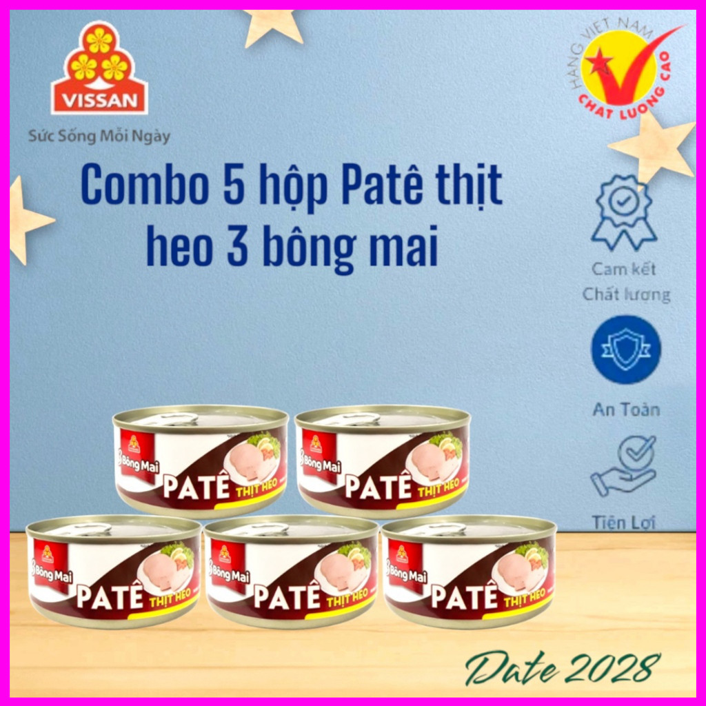 [Combo 5 Hộp] Patê Thịt 3 Bông Mai Vissan 150g – Chính Hãng Date 2028, HSD 36 Tháng, Tiện Lợi