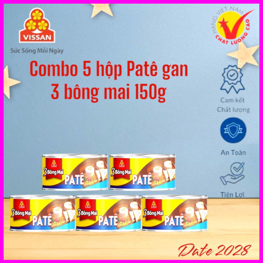 [Combo 5 Hộp] Patê Gan 3 Bông Mai Vissan – Date 2028, HSD 36 Tháng, Ăn Liền Tiện Lợi