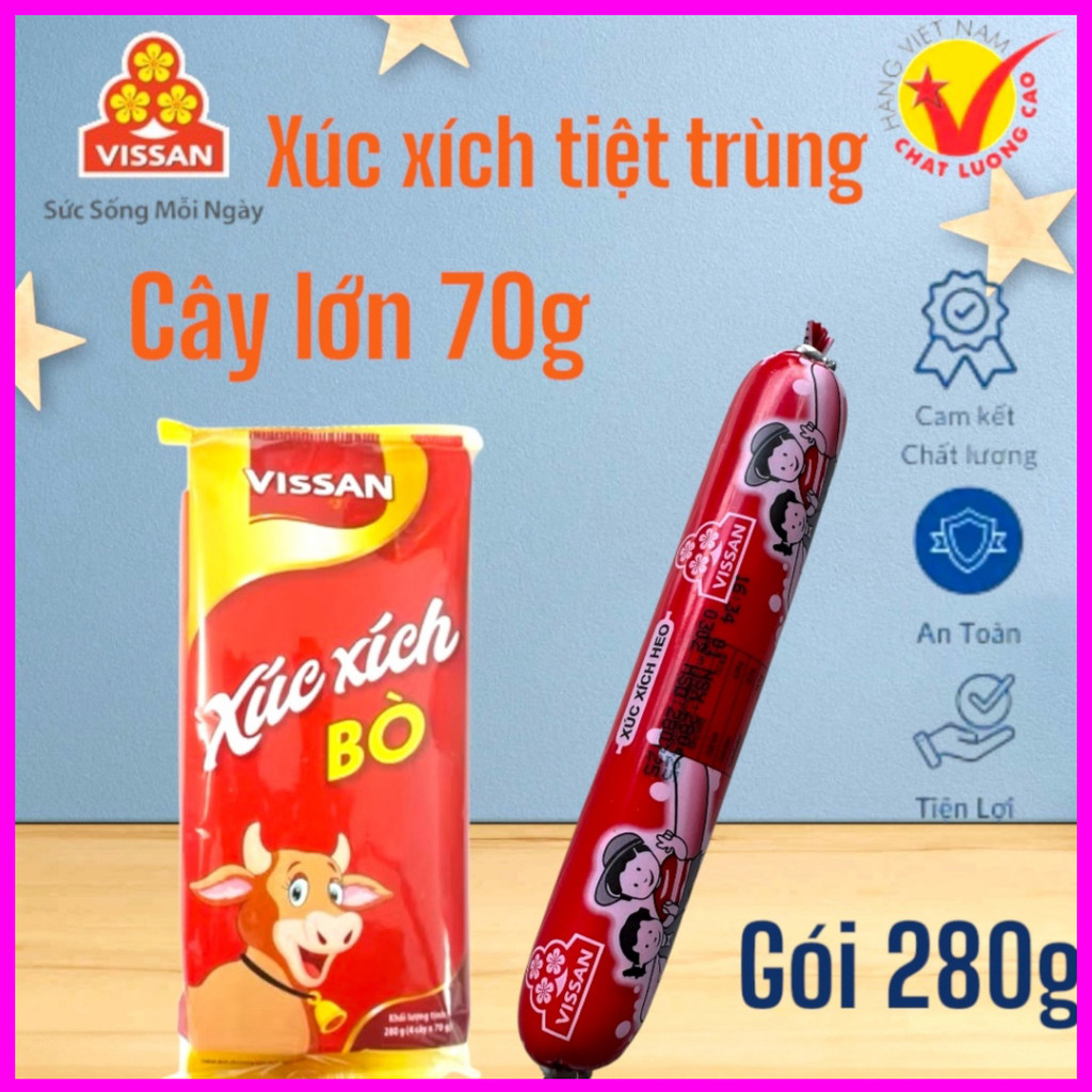 [Combo 5 gói] Xúc Xích Bò Vissan Ăn Liền Cây Lớn 70g – Gói 4 Cây (280g) Tiện Lợi