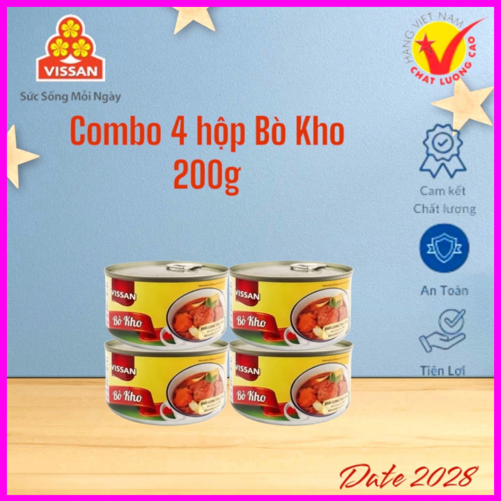 [ Combo 4 Hộp ] Bò Kho Vissan 200g – Chính Hãng Date 2029, HSD 36 Tháng, Ăn Liền Tiện Lợi