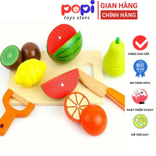 Bộ Chơi Nấu Ăn Cắt Trái Cây Rau Củ Bằng Gỗ - Đồ Chơi Học Tập Cho Trẻ Em - Thương Hiệu POPITOYS