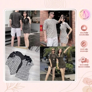 Set 2 Món Áo Nam Và Váy Nữ Hoạ Tiết Hình Tròn Cotton  Xước 2 Màu Tôn Dáng
