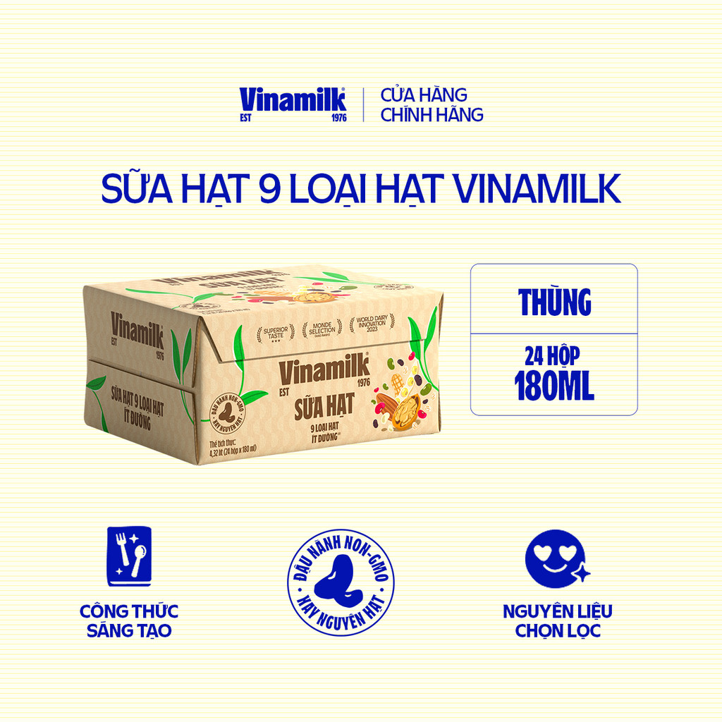 Combo 2 Thùng Sữa hạt 9 loại hạt Vinamilk 180ml ít đường - 24 hộp/thùng
