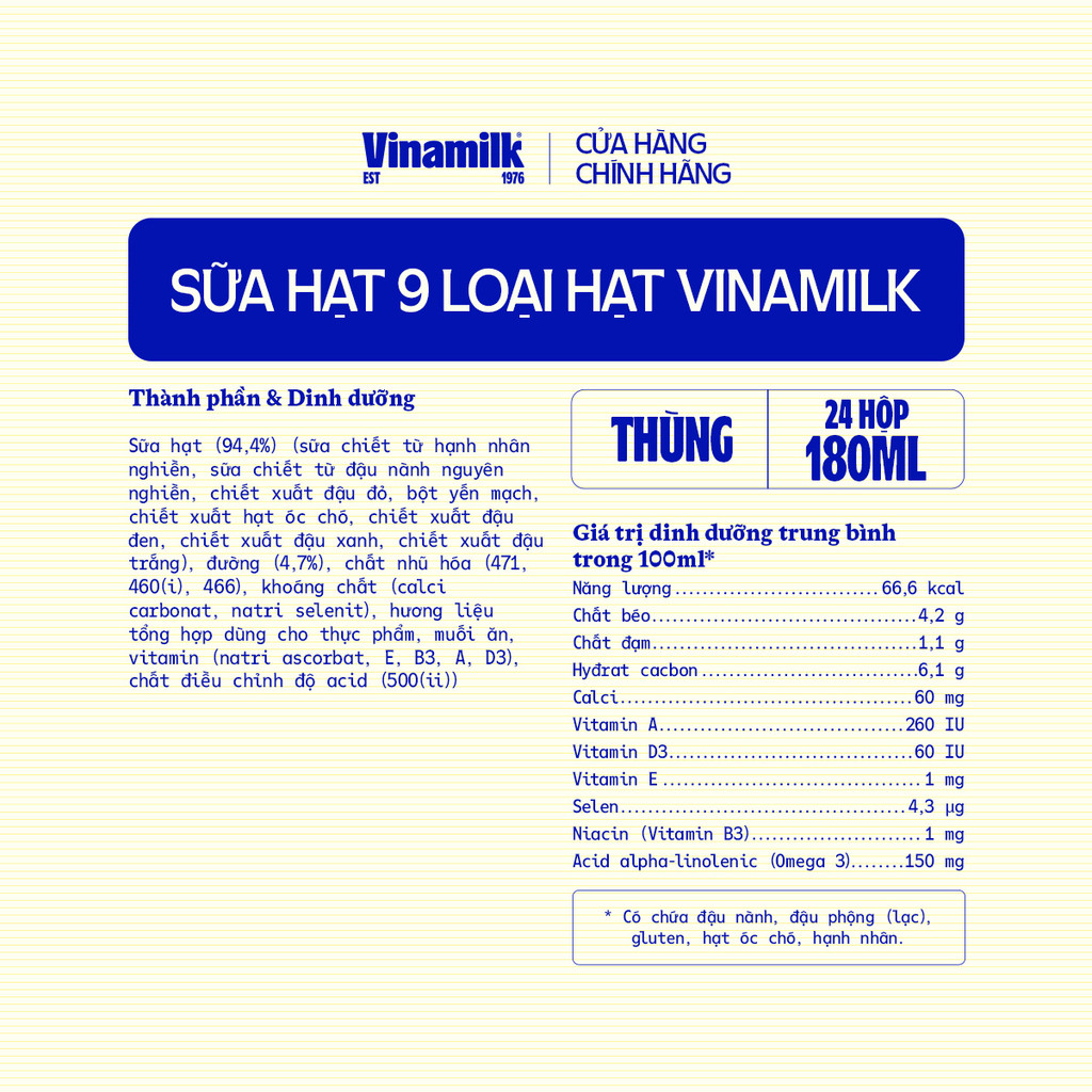 Combo 2 Thùng Sữa hạt 9 loại hạt Vinamilk 180ml ít đường - 24 hộp/thùng