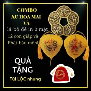 (Tặng Túi Lộc) COMBO Lá Bồ Đề Phật Bản Mệnh 12 Con Giáp và Đồng Xu Hoa Mai 5 Cánh chiêu tài phong thủy