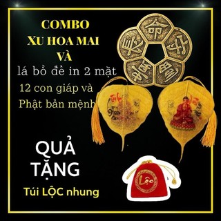 (Tặng Túi Lộc) COMBO Lá Bồ Đề Phật Bản Mệnh 12 Con Giáp và Đồng Xu Hoa Mai 5 Cánh chiêu tài phong thủy
