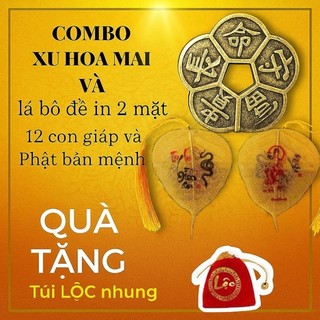 (Tặng Túi Lộc) COMBO Lá Bồ Đề Phật Bản Mệnh 12 Con Giáp và Đồng Xu Hoa Mai 5 Cánh chiêu tài phong thủy