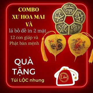 (Tặng Túi Lộc) COMBO Lá Bồ Đề Phật Bản Mệnh 12 Con Giáp và Đồng Xu Hoa Mai 5 Cánh chiêu tài phong thủy
