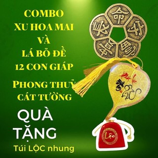 (Tặng Túi Lộc) Combo Xu Hoa Mai + Lá Bồ Đề 12 Con Giáp Theo Tuổi Treo Ô Tô, Bỏ Ốp Điện Thoại
