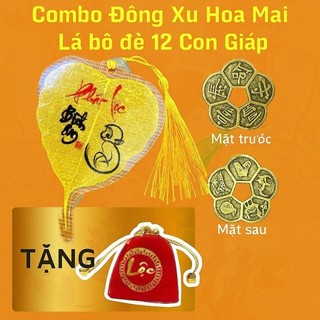 (Tặng Túi Lộc) Combo Xu Hoa Mai + Lá Bồ Đề 12 Con Giáp Theo Tuổi Treo Ô Tô, Bỏ Ốp Điện Thoại