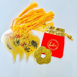 (Tặng Túi Lộc) Combo Xu Hoa Mai + Lá Bồ Đề 12 Con Giáp Theo Tuổi Treo Ô Tô, Bỏ Ốp Điện Thoại