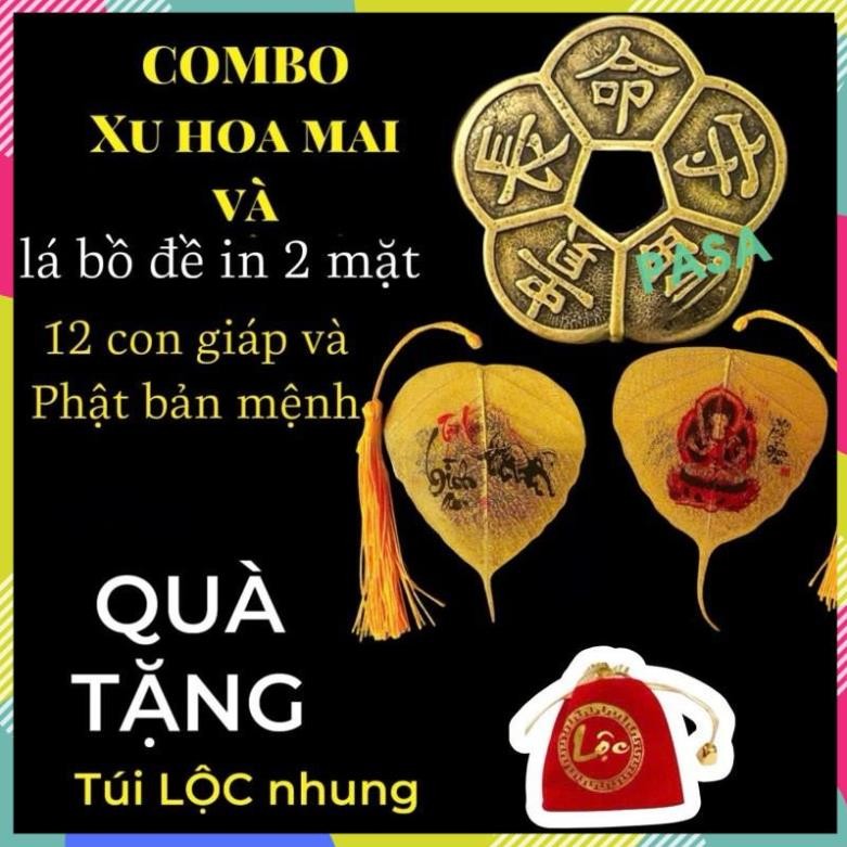(Tặng Túi Lộc) Combo Xu Hoa Mai + Lá Bồ Đề 12 Con Giáp Theo Tuổi Bỏ Ốp ĐT, Treo Xe Ô Tô