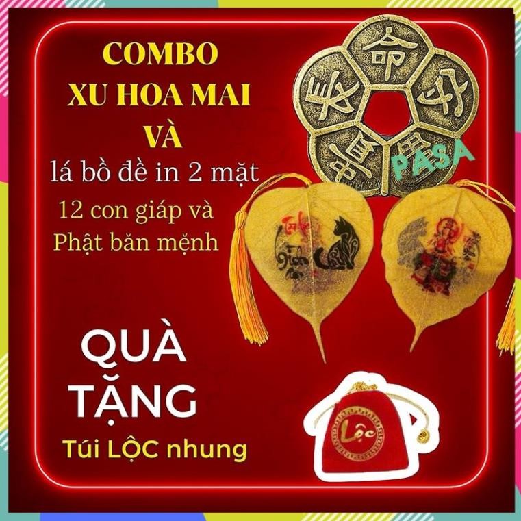 (Tặng Túi Lộc) Combo Xu Hoa Mai + Lá Bồ Đề 12 Con Giáp Theo Tuổi Bỏ Ốp ĐT, Treo Xe Ô Tô