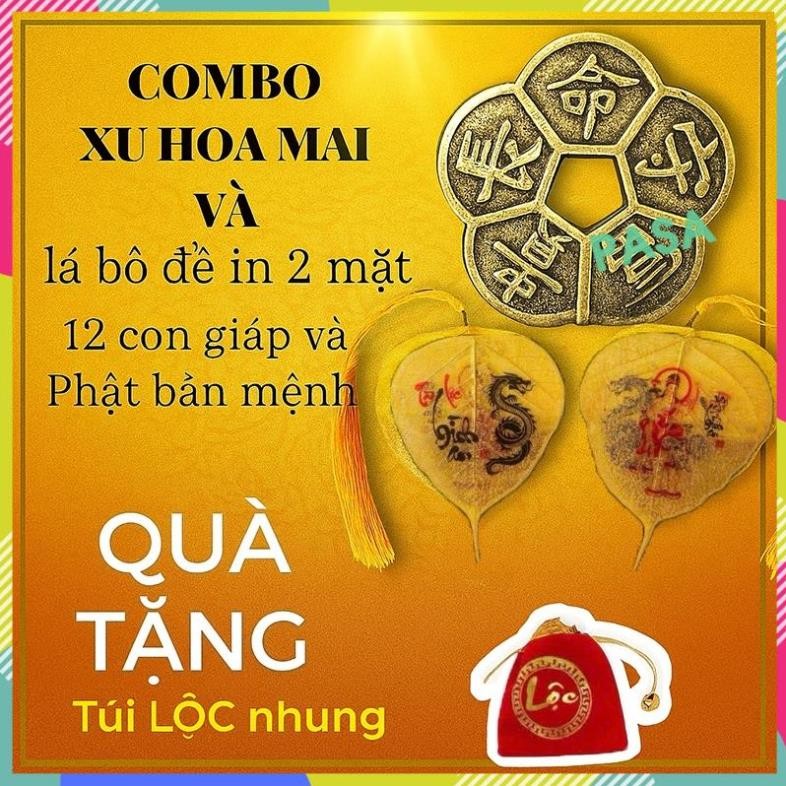(Tặng Túi Lộc) Combo Xu Hoa Mai + Lá Bồ Đề 12 Con Giáp Theo Tuổi Bỏ Ốp ĐT, Treo Xe Ô Tô