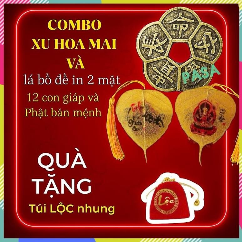 (Tặng Túi Lộc) Combo Xu Hoa Mai + Lá Bồ Đề 12 Con Giáp Theo Tuổi Bỏ Ốp ĐT, Treo Xe Ô Tô