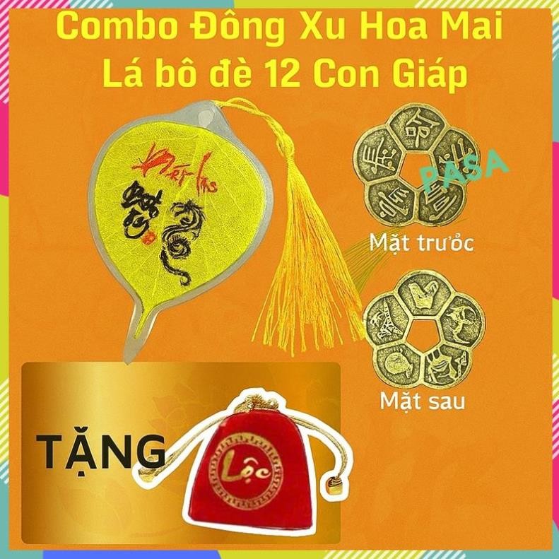 (Tặng Túi Lộc) Combo Lá Bồ Đề 12 Con Giáp Và Đồng Xu Hoa Mai Trang Trí Phong Thuỷ