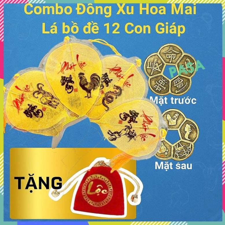 (Tặng Túi Lộc) Combo Lá Bồ Đề 12 Con Giáp Và Đồng Xu Hoa Mai Trang Trí Phong Thuỷ