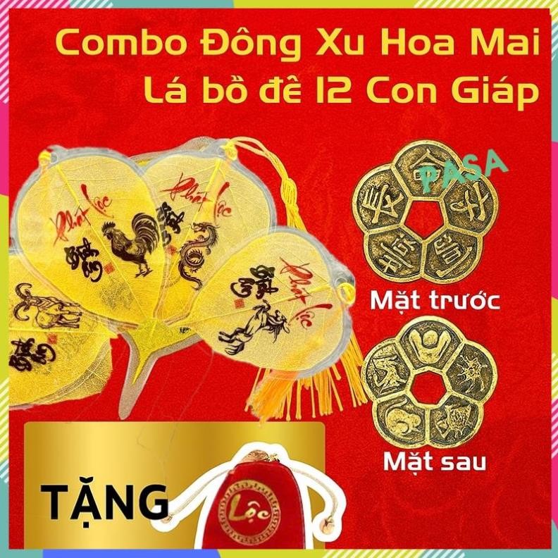 (Tặng Túi Lộc) Combo Lá Bồ Đề 12 Con Giáp Và Đồng Xu Hoa Mai Trang Trí Phong Thuỷ