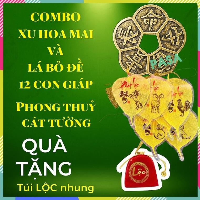 (Tặng Túi Lộc) Combo Lá Bồ Đề 12 Con Giáp Và Đồng Xu Hoa Mai Trang Trí Phong Thuỷ