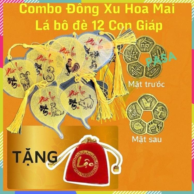 (Tặng Kèm Túi Lộc Đỏ) COMBO Lá Bồ Đề 12 Con Giáp Tự Nhiên Và Đồng Xu Hoa Mai Trang Trí Phong Thuỷ