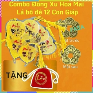 COMBO Lá Bồ Đề 12 Con Giáp Tự Nhiên Và Đồng Xu Hoa Mai Trang Trí Phong Thuỷ