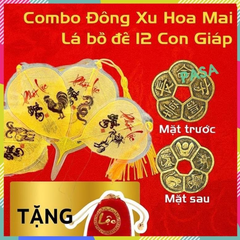 (Tặng Kèm Túi Lộc Đỏ) COMBO Lá Bồ Đề 12 Con Giáp Tự Nhiên Và Đồng Xu Hoa Mai Trang Trí Phong Thuỷ