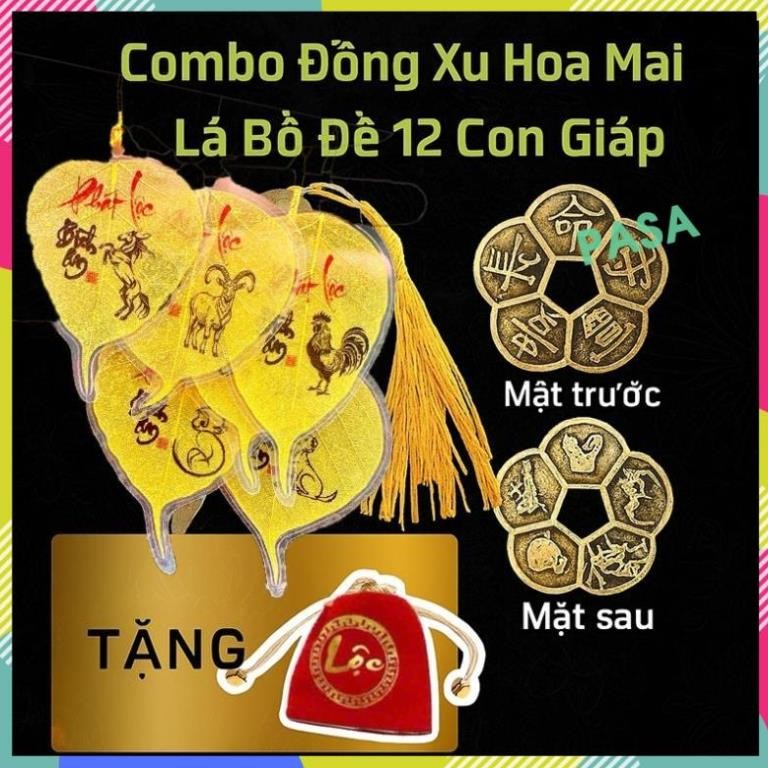 (Tặng Kèm Túi Lộc Đỏ) COMBO Lá Bồ Đề 12 Con Giáp Tự Nhiên Và Đồng Xu Hoa Mai Trang Trí Phong Thuỷ