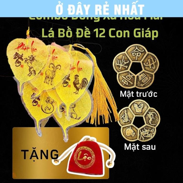 ⭐SẴN HÀNG⭐ (Tặng Túi Lộc) Combo Lá Bồ Đề 12 Con Giáp Và Đồng Xu Hoa Mai Trang Trí Phong Thuỷ