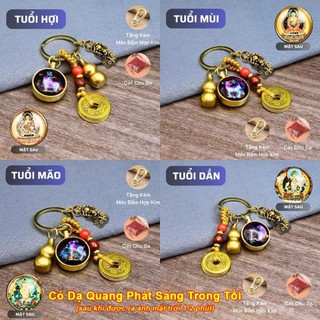 Móc Khóa Dạ Quang 12 Con Giáp Mặt Phật Bản Mệnh, Cóc Thiềm Thừ phong thủy + Dây 5 Xu treo chìa khóa ôtô