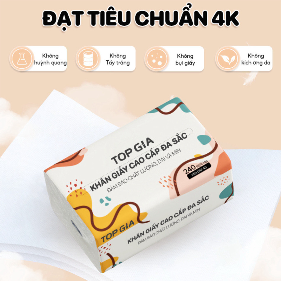 Thùng 40 gói giấy ăn rút Topgia đa sắc cao cấp 240 tờ 4 lớp, dập vân 4D mềm mại và thấm hút hiệu quả