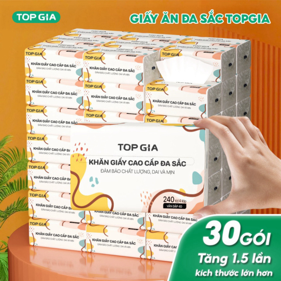 Thùng 40 gói giấy ăn rút Topgia đa sắc cao cấp 240 tờ 4 lớp, dập vân 4D mềm mại và thấm hút hiệu quả