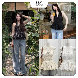 Áo cổ yếm hoạ tiết chấm bi dáng bí hở lưng chun sau DOTTIE TOP