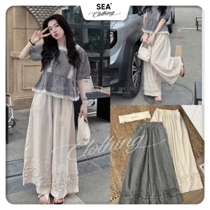 Quần ống rộng chất thô linen thiết kế viền bèo gấu 2 màu