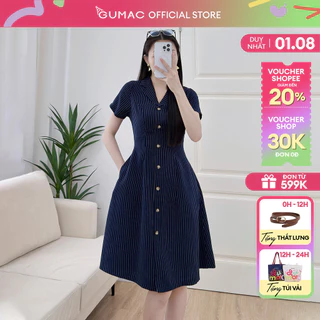 Đầm nữ form A sọc xanh cổ danton tay ngắn phía trước đính nút giả trang trí thời trang GUMAC LDF0615