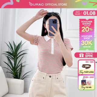 Áo thun polo nữ sọc ngang cam đen phối cổ trắng kem mổ trụ đính nút thời trang GUMAC LPLF0522
